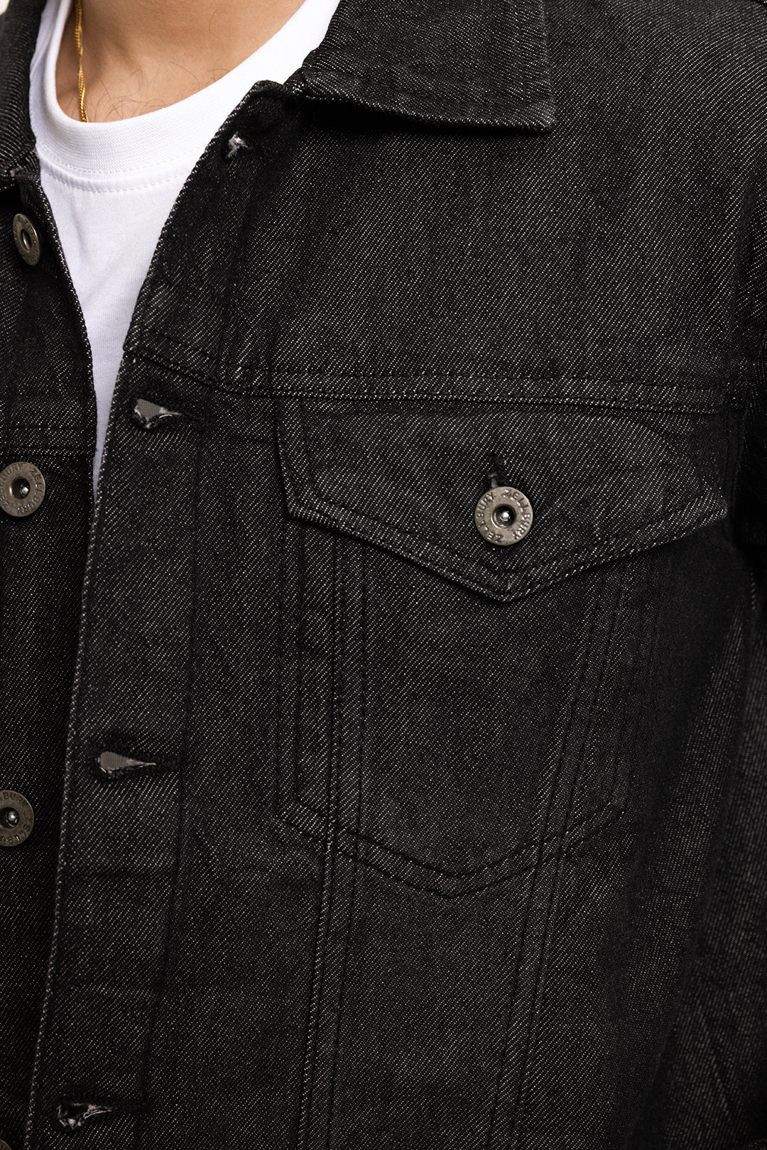 Men's black button front jacket with pointed collar and flap chest pockets