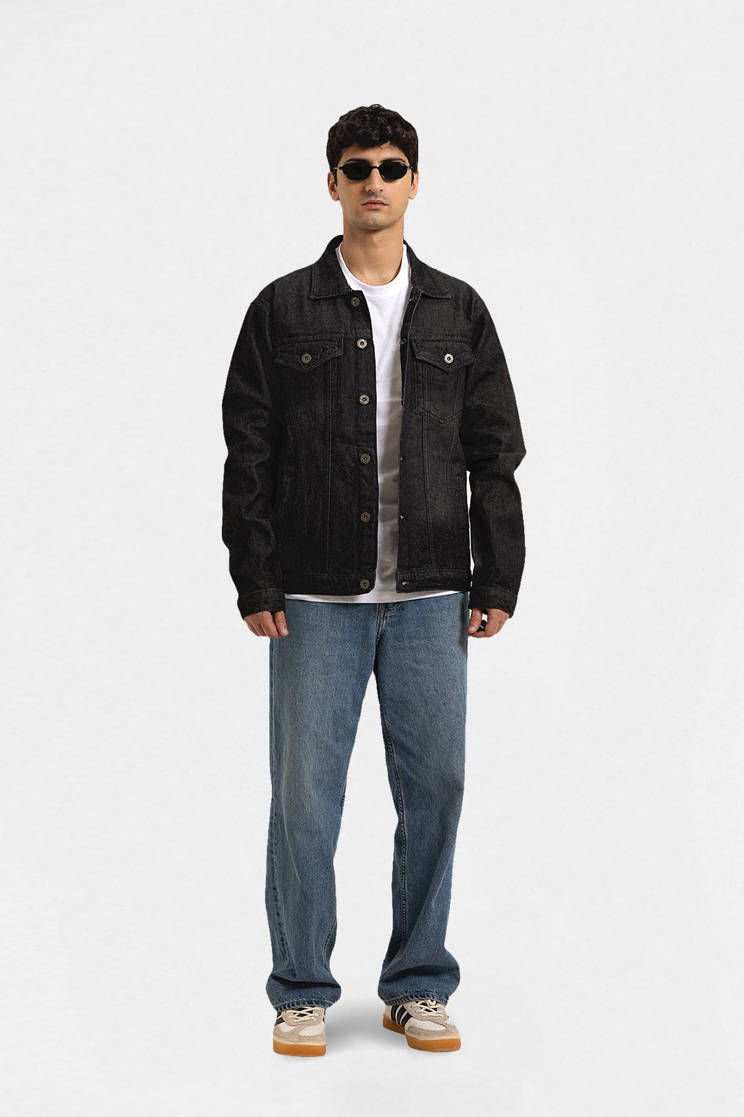 Men's black button front jacket with pointed collar and flap chest pockets