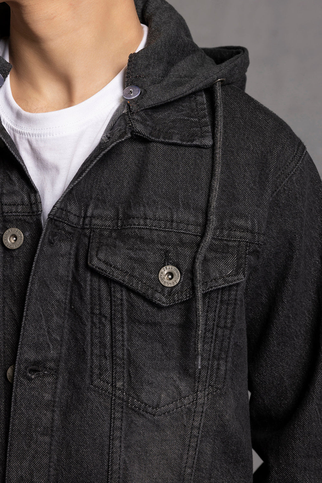Men's black hooded denim jacket with button front and chest pockets
