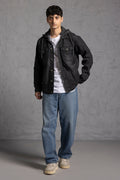 Men's black hooded denim jacket with button front and chest pockets