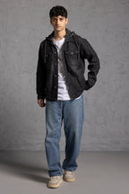 Men's black hooded denim jacket with button front and chest pockets