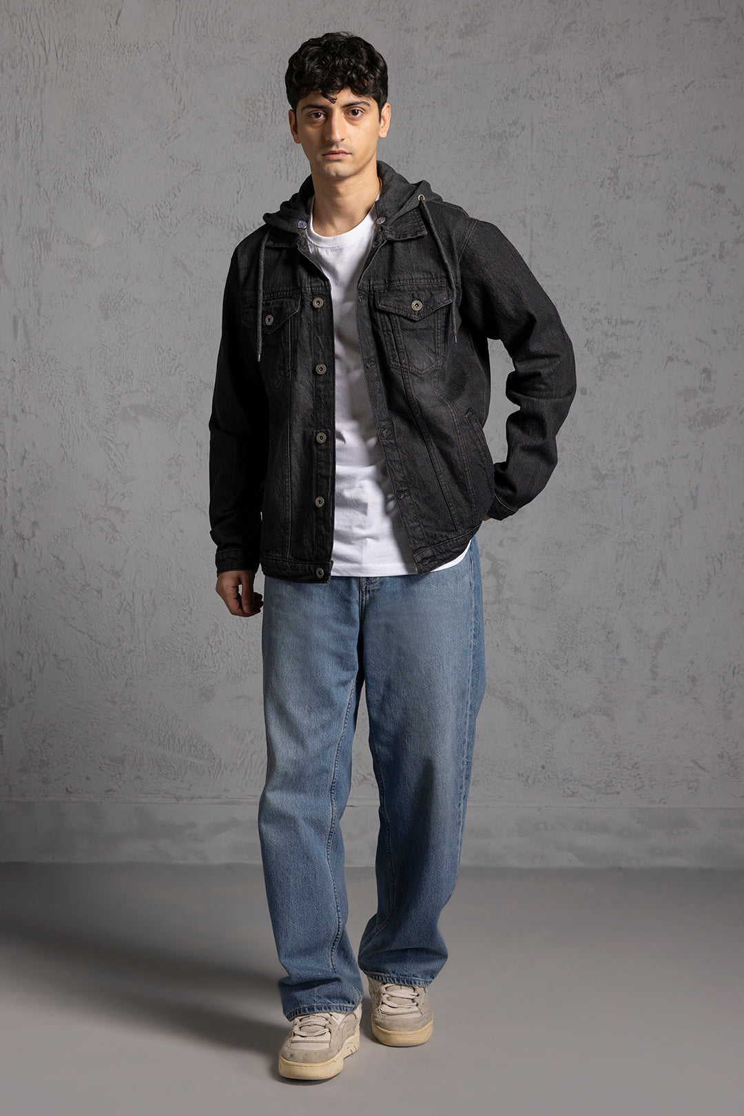 Men's black hooded denim jacket with button front and chest pockets