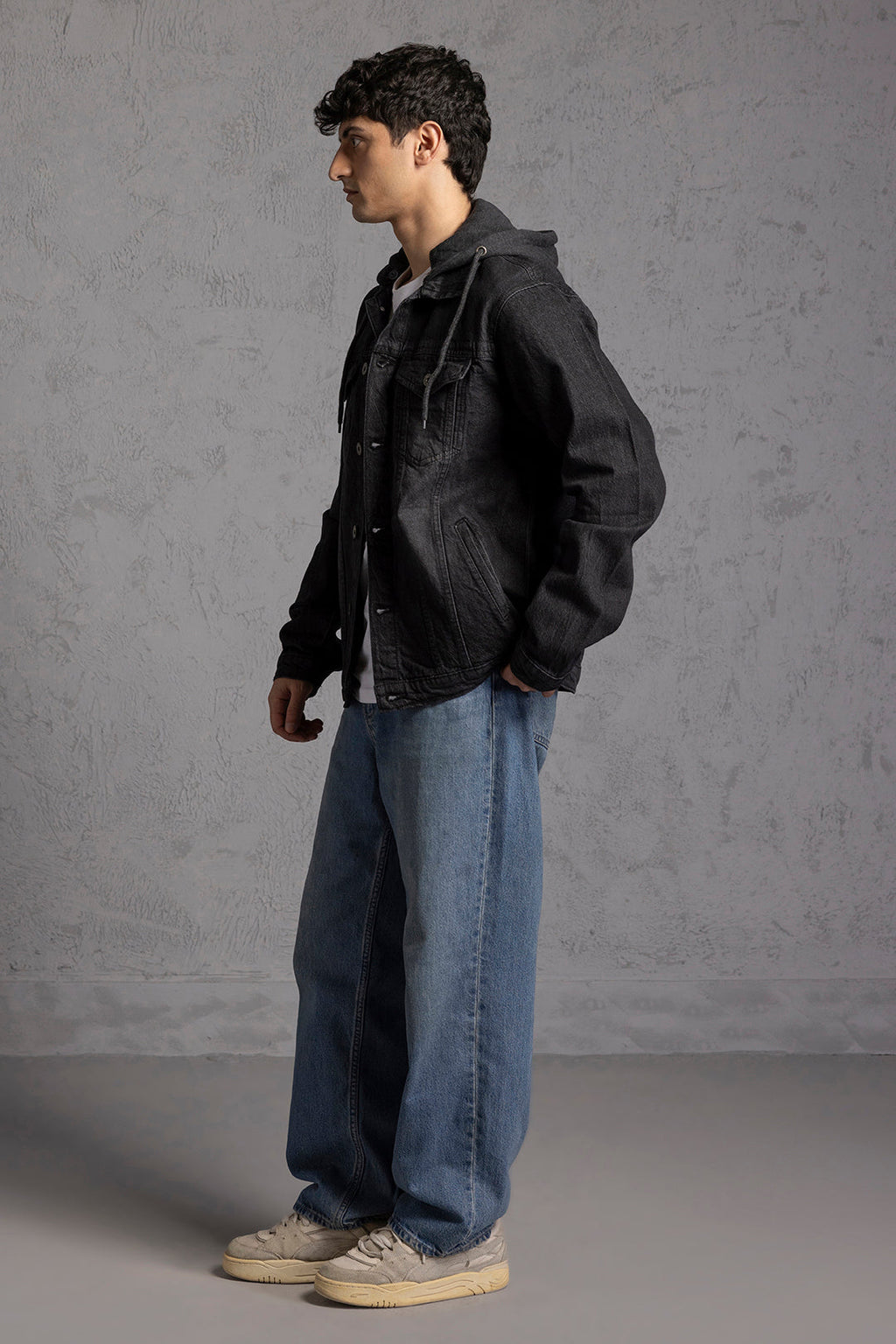 Men's black hooded denim jacket with button front and chest pockets