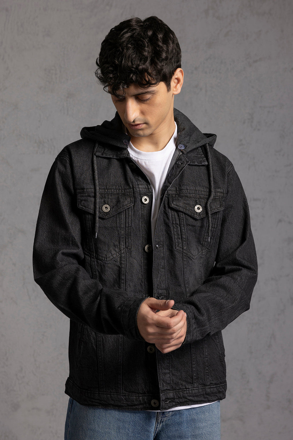 Men's black hooded denim jacket with button front and chest pockets