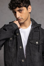 Men's black hooded denim jacket with button front and chest pockets
