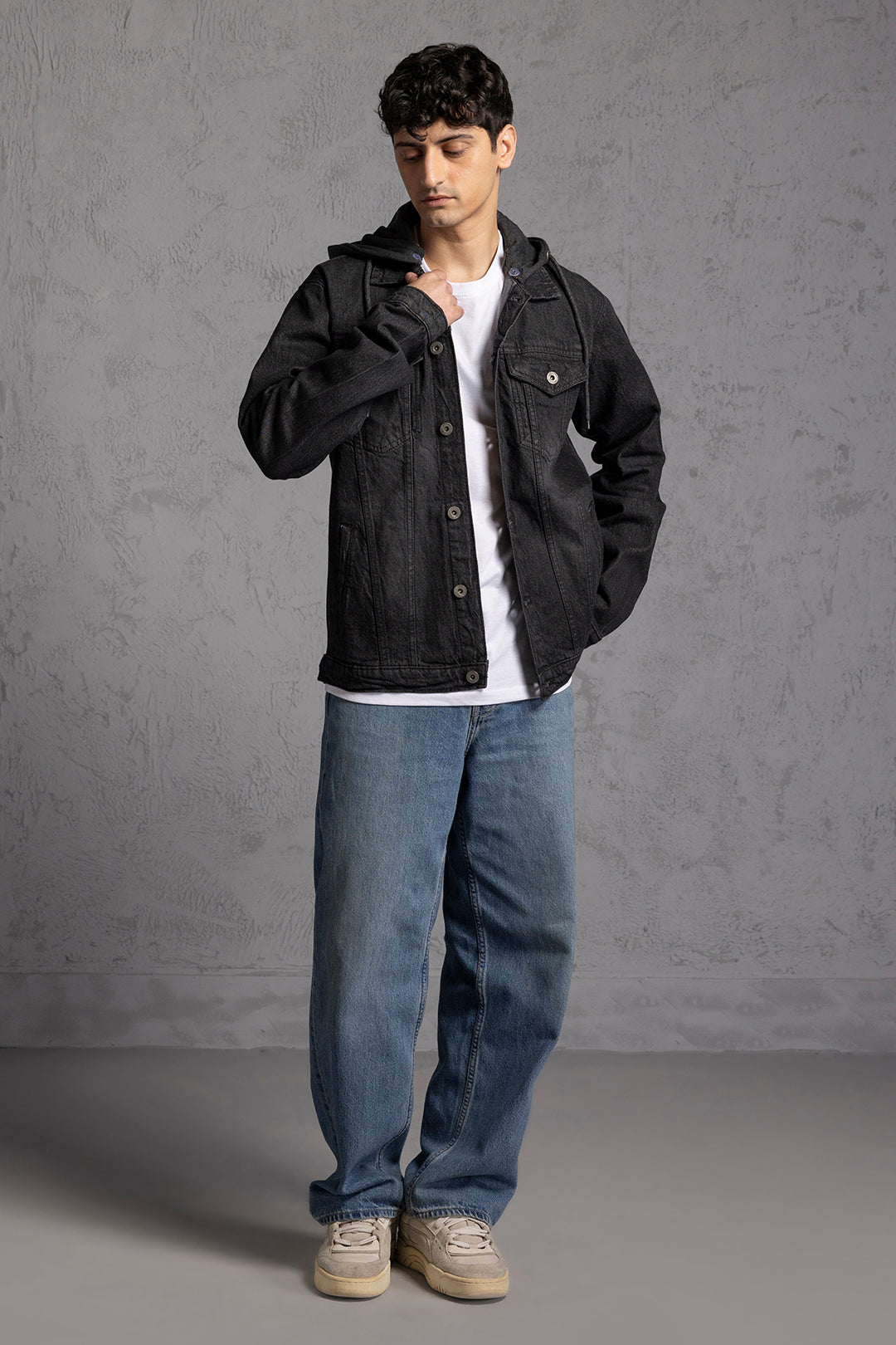 Men's black hooded denim jacket with button front and chest pockets