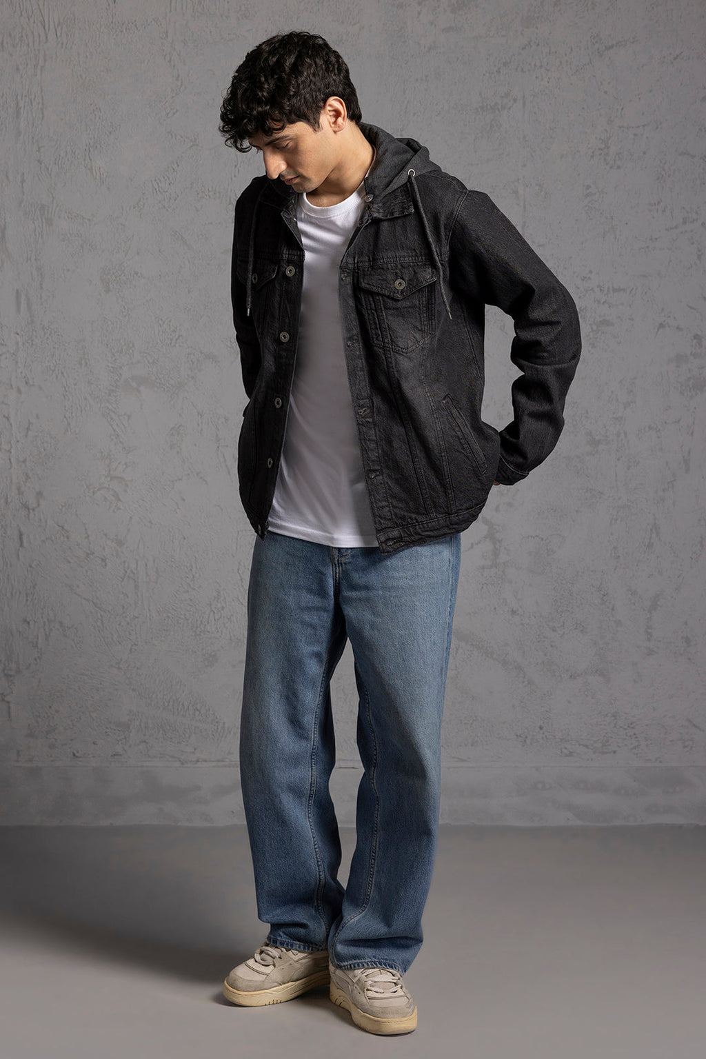 Men's black hooded denim jacket with button front and chest pockets