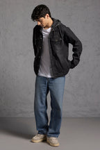 Men's black hooded denim jacket with button front and chest pockets