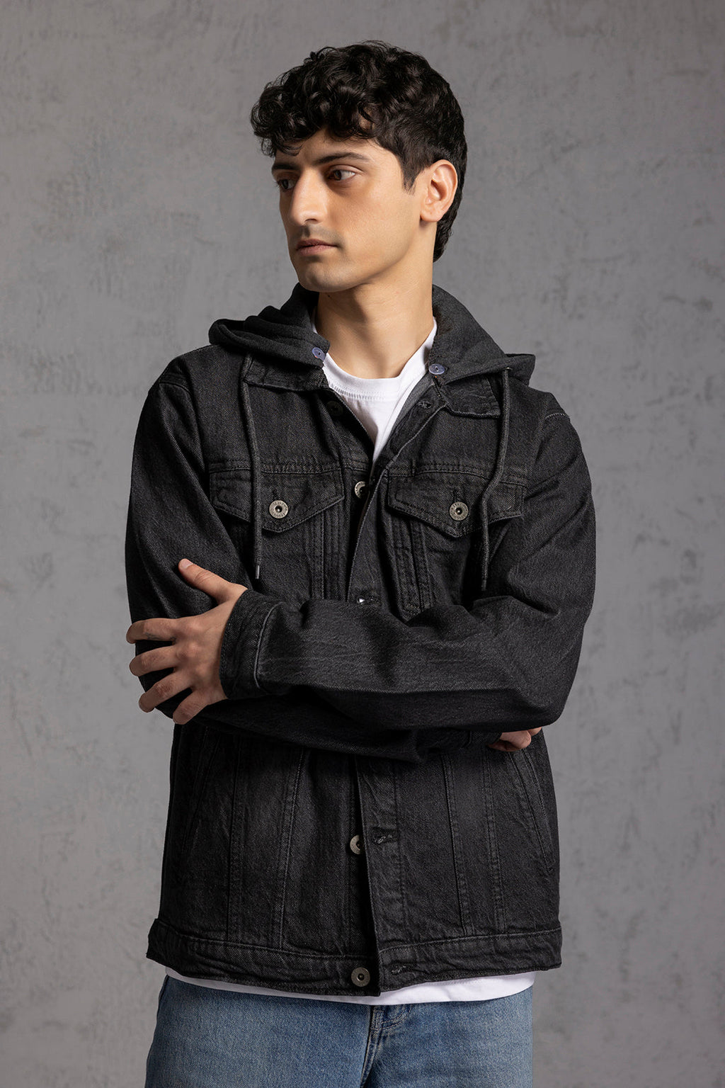 Men's black hooded denim jacket with button front and chest pockets