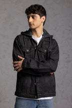 Men's black hooded denim jacket with button front and chest pockets