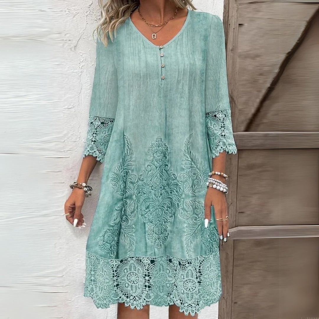 Women's embroidered midi dress with V-neck, button front, lace sleeves and scalloped hem