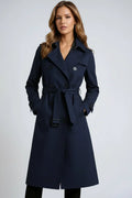 Women's long double-breasted belted trench coat with lapels and cuff buckles
