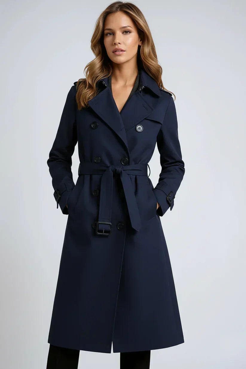 Women's long double-breasted belted trench coat with lapels and cuff buckles