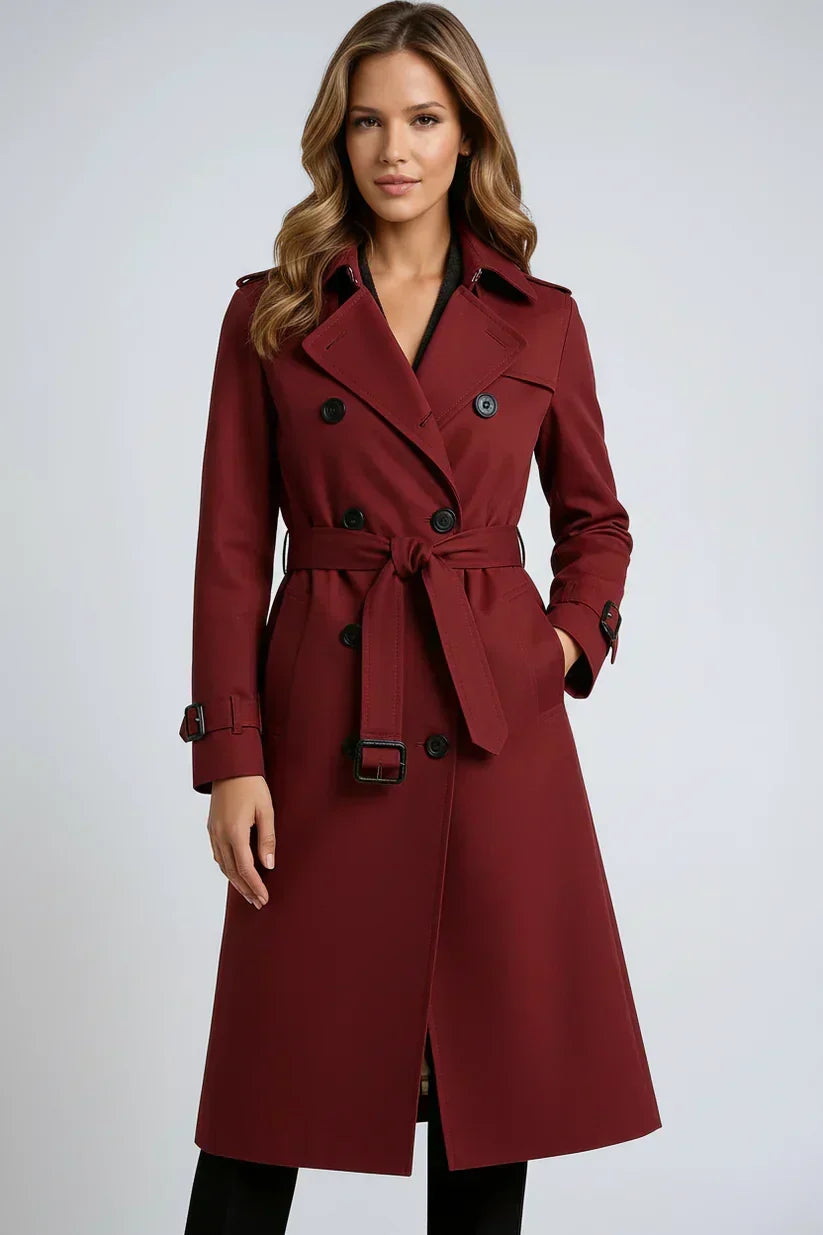 Women's long double-breasted belted trench coat with lapels and cuff buckles