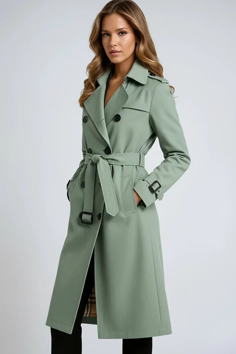 Women's long double-breasted belted trench coat with lapels and cuff buckles