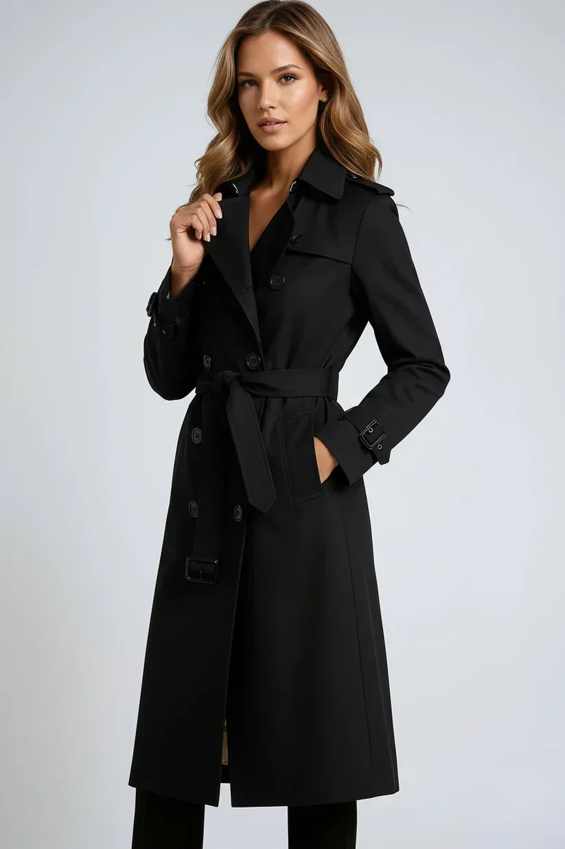 Women's long double-breasted belted trench coat with lapels and cuff buckles