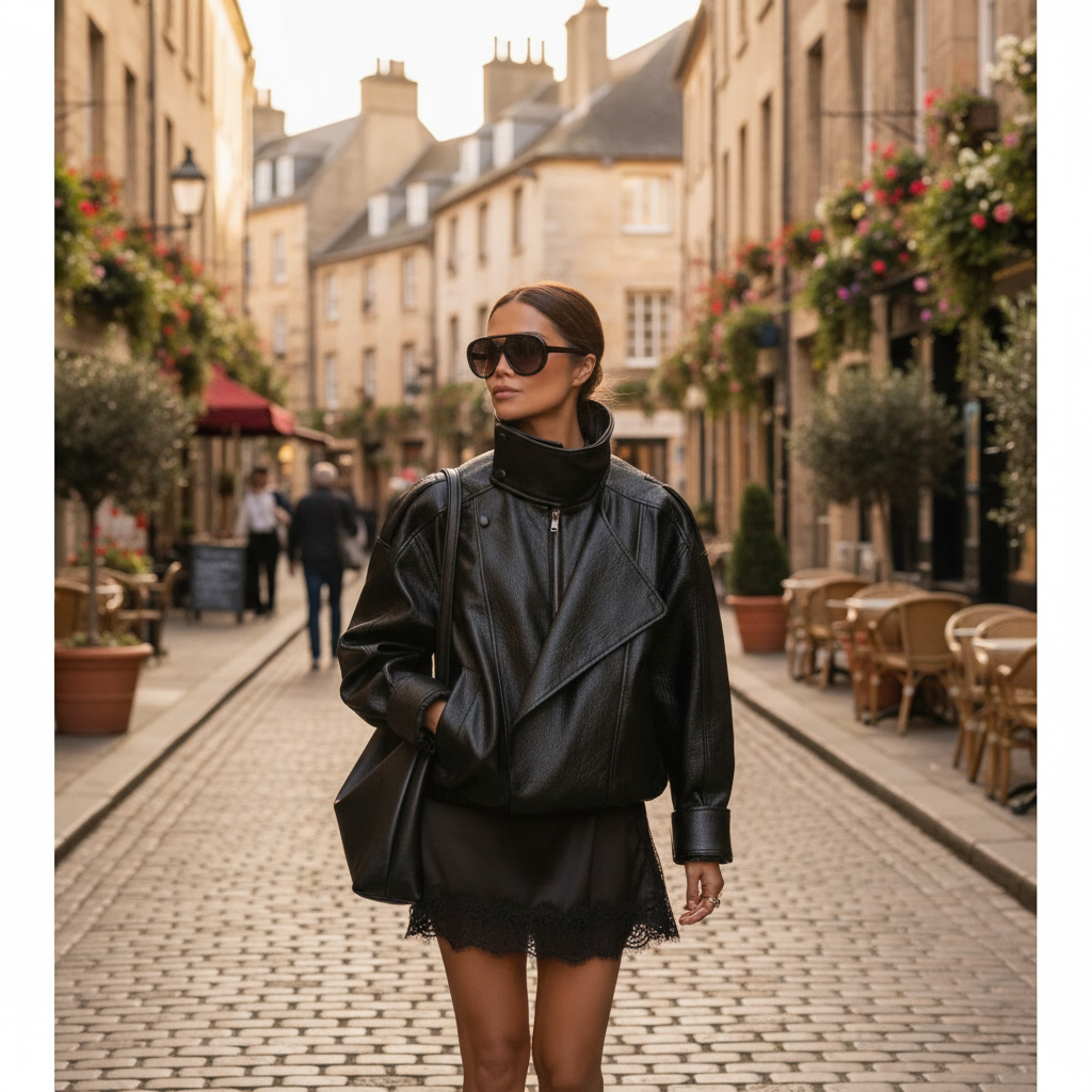 Women's black biker jacket with high collar and asymmetric zip