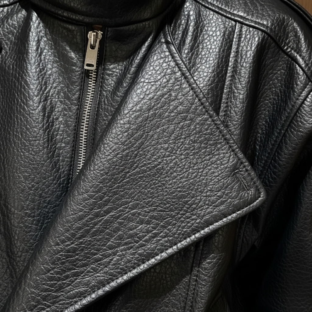 Women's black biker jacket with high collar and asymmetric zip