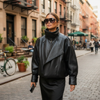 Women's black biker jacket with high collar and asymmetric zip