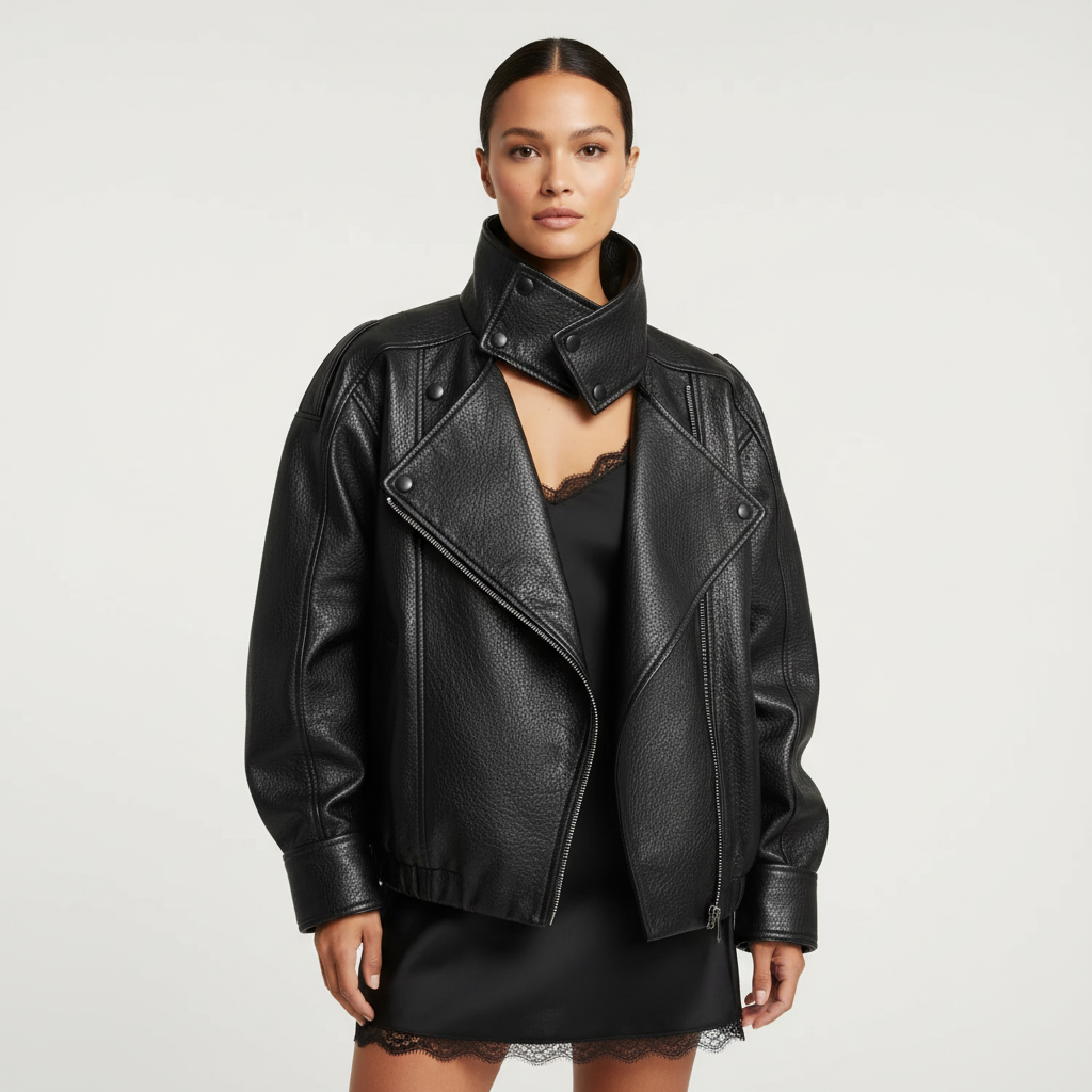 Women's black biker jacket with high collar and asymmetric zip