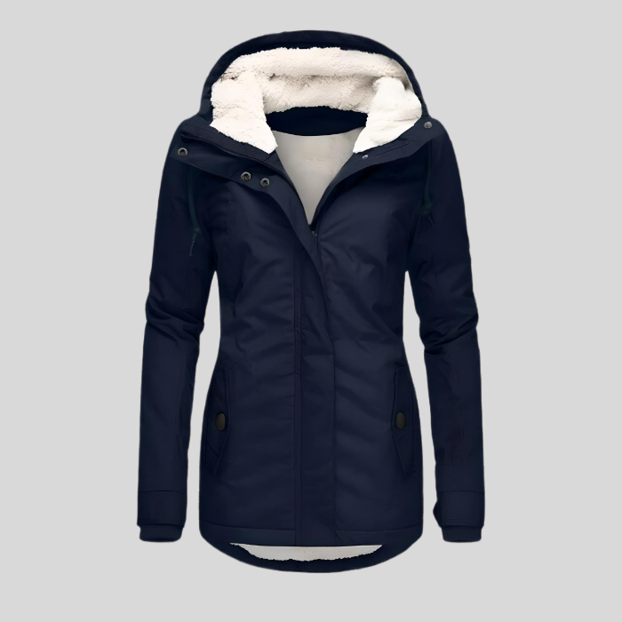 Women's hooded winter parka coat with faux fur-trimmed hood and front pockets