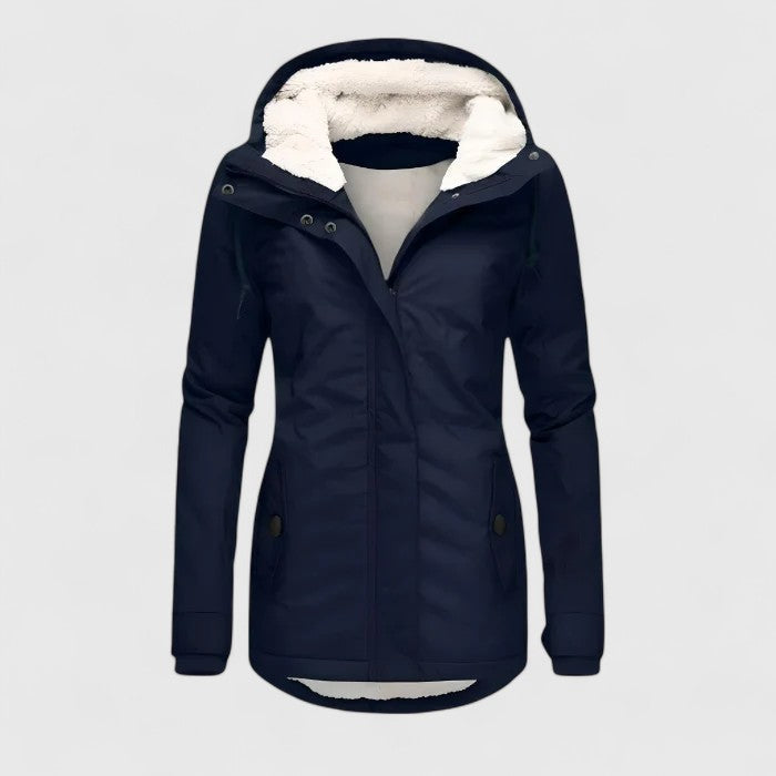 Women's hooded fleece-lined parka with long sleeves and front zip