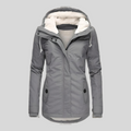 Women's hooded winter parka coat with faux fur-trimmed hood and front pockets
