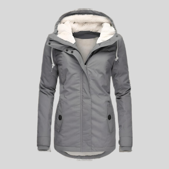 Women's hooded winter parka coat with faux fur-trimmed hood and front pockets
