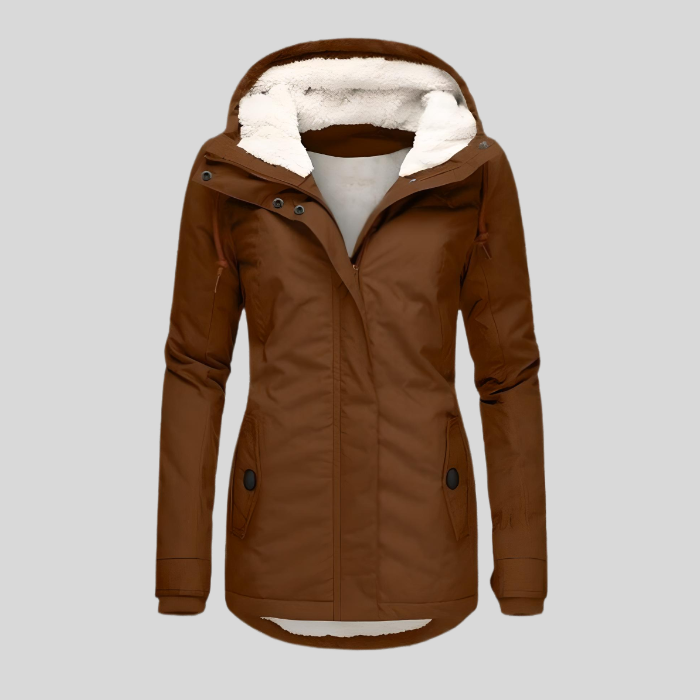 Women's hooded winter parka coat with faux fur-trimmed hood and front pockets