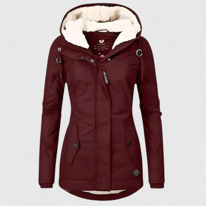 Women's hooded fleece-lined parka with long sleeves and front zip