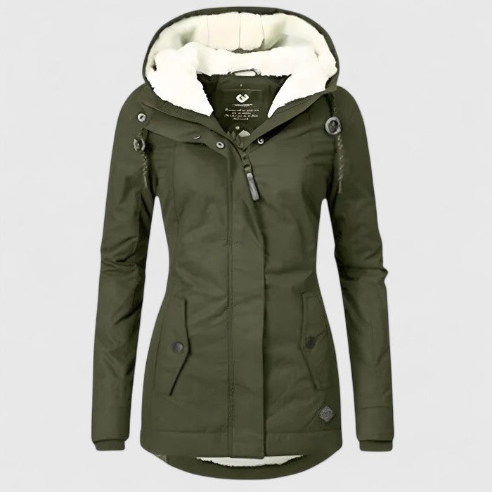 Women's hooded fleece-lined parka with long sleeves and front zip