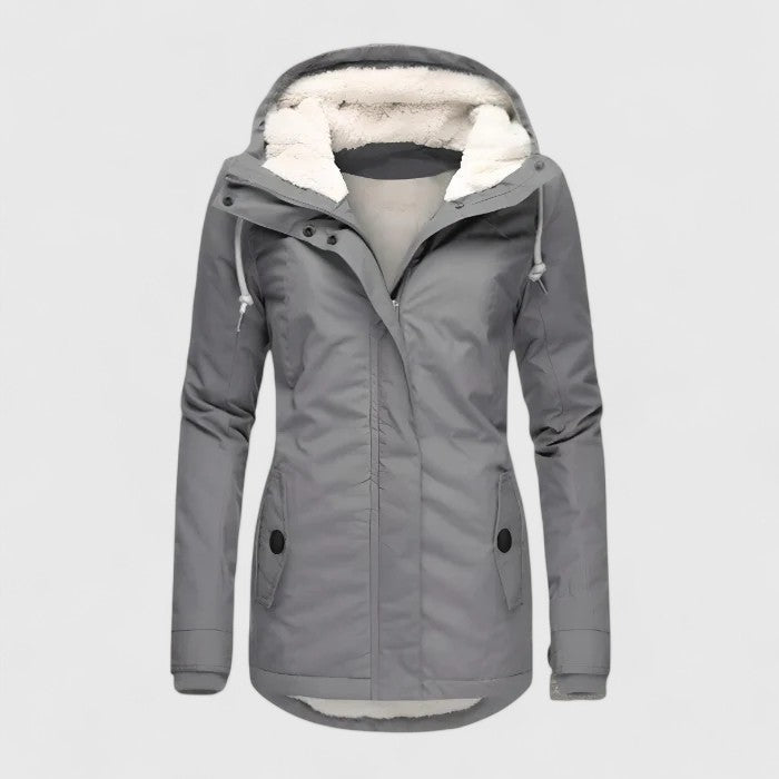 Women's hooded fleece-lined parka with long sleeves and front zip