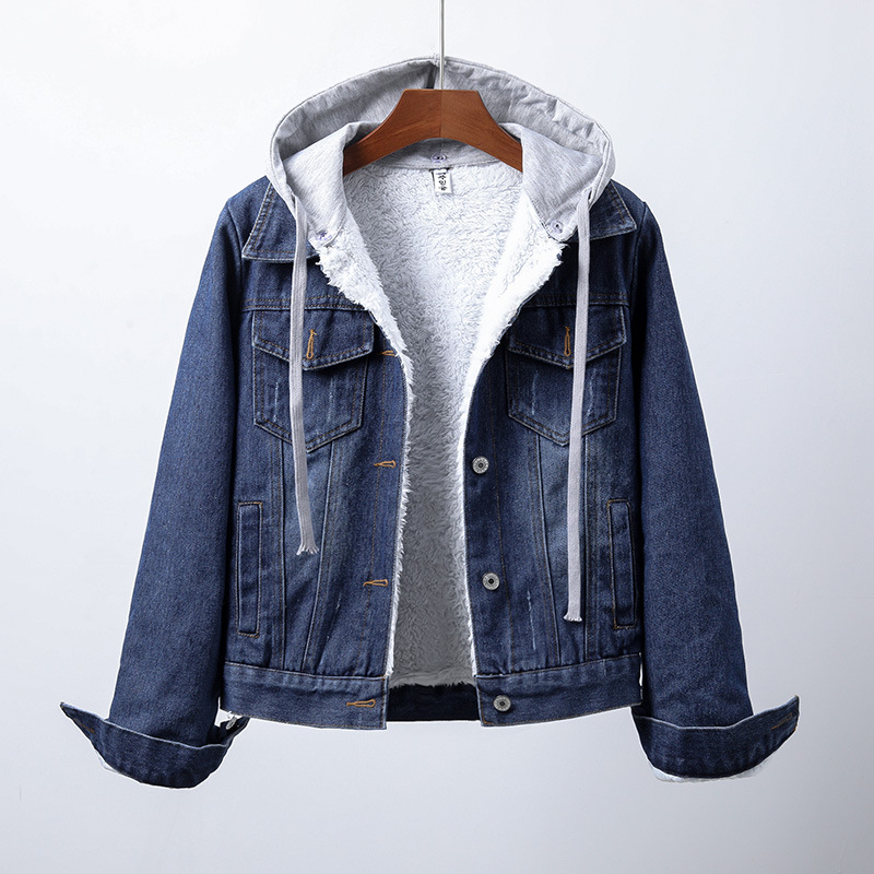 Women's hooded sherpa-lined denim jacket with long sleeves and multiple pockets