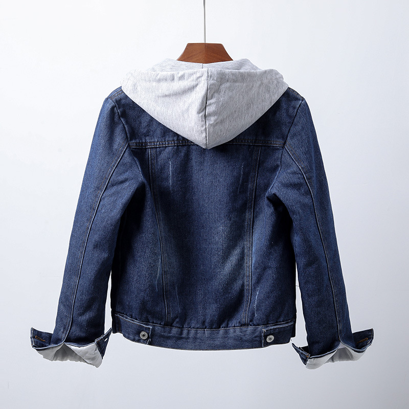 Women's hooded sherpa-lined denim jacket with long sleeves and multiple pockets