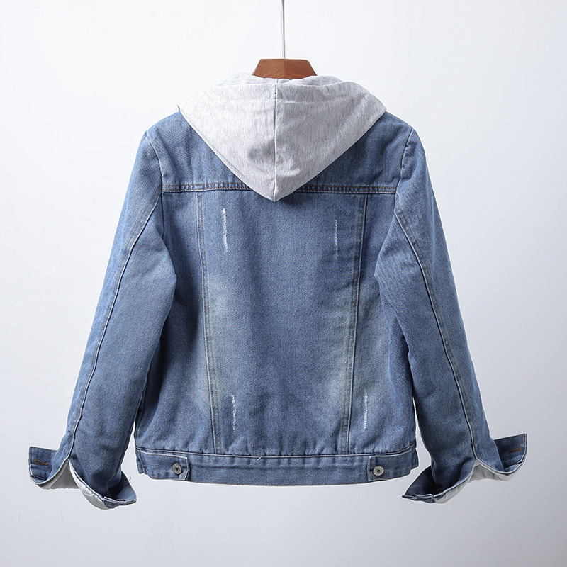 Women's hooded sherpa-lined denim jacket with long sleeves and multiple pockets