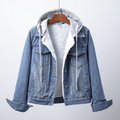 Women's hooded sherpa-lined denim jacket with long sleeves and multiple pockets