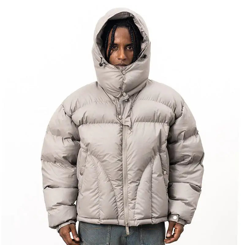 Men's stone hooded puffer jacket with quilted sections and front zip
