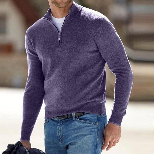 Men's plain quarter-zip jumper with high collar and long sleeves