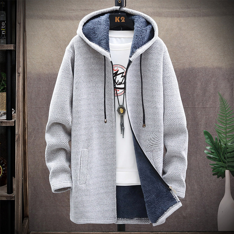 Men's hooded textured jacket with front zip and contrast lining