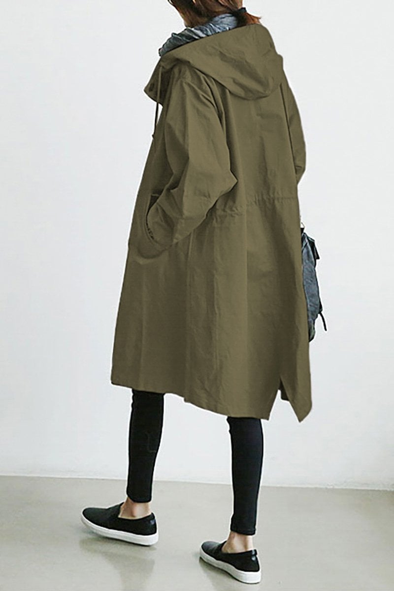 Women's longline hooded button-front trench coat with gathered cuffs and front pockets