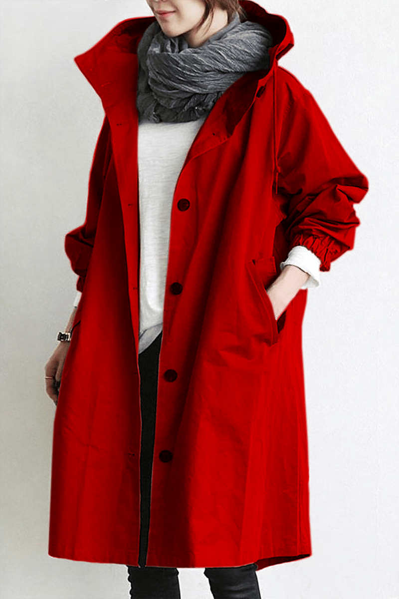 Women's longline hooded button-front trench coat with gathered cuffs and front pockets