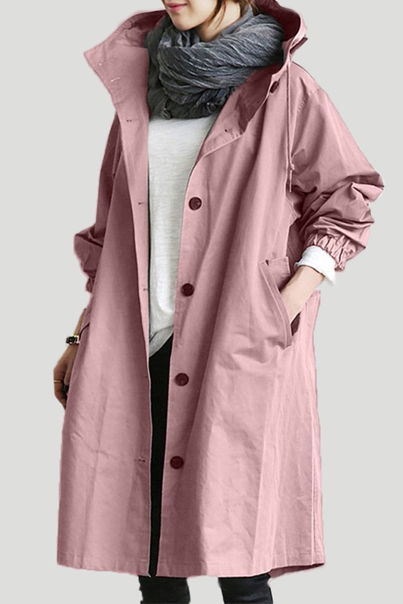 Women's longline hooded button-front trench coat with gathered cuffs and front pockets