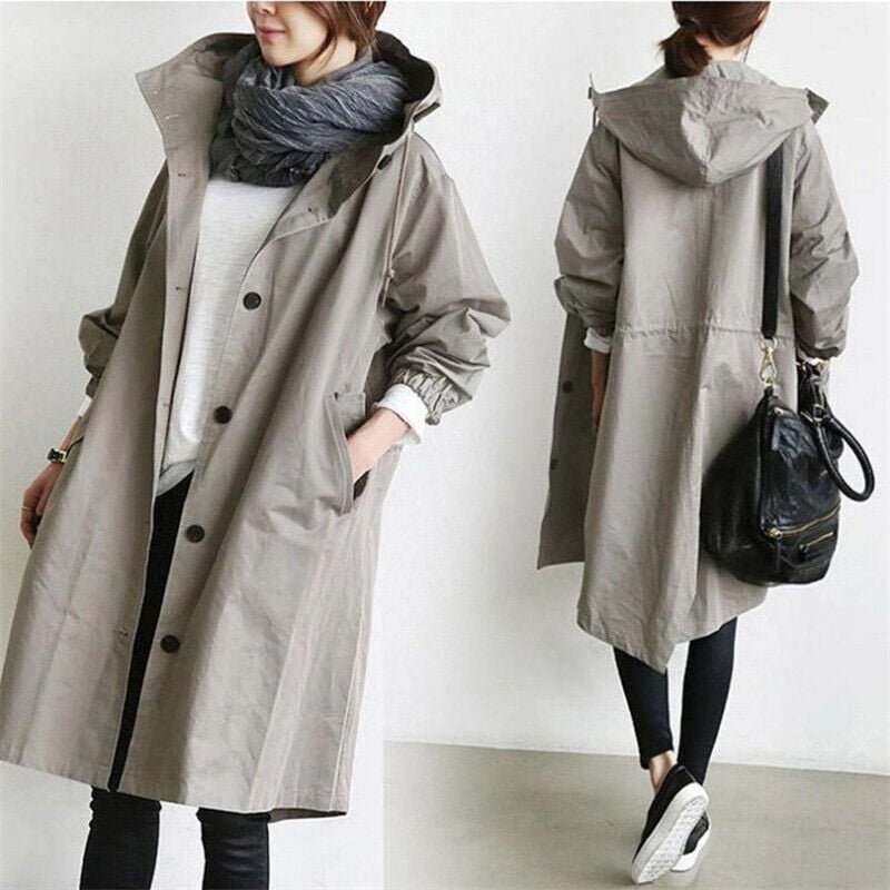 Women's longline hooded button-front trench coat with gathered cuffs and front pockets