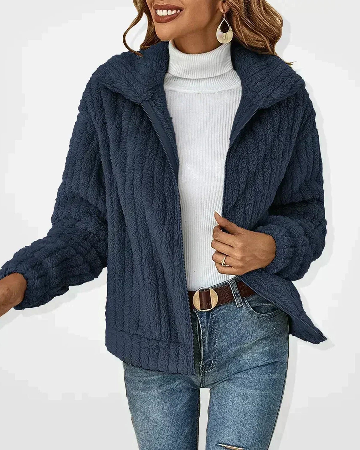Women's hooded textured cardigan with long sleeves and zip front