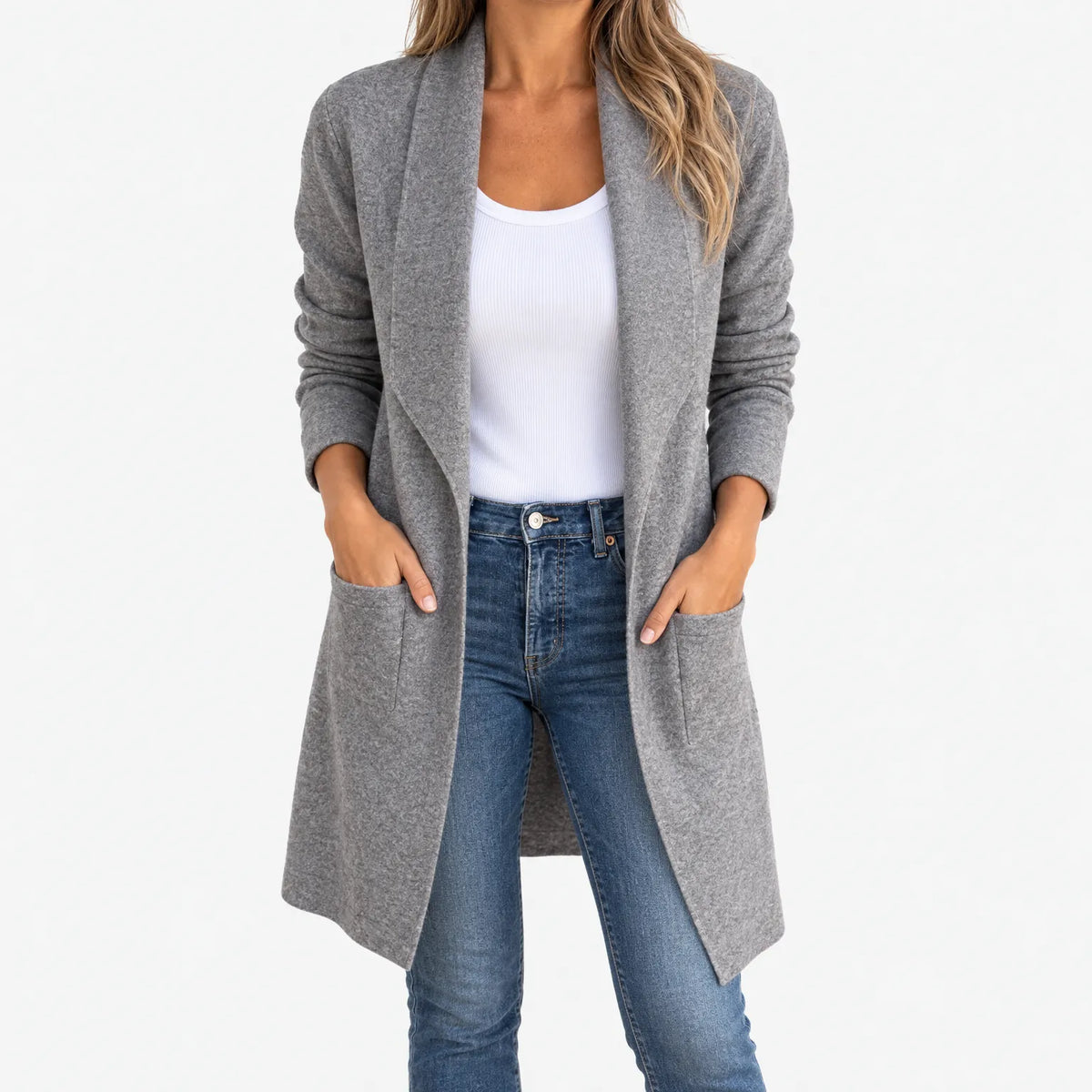 Women's long grey open-front cardigan with shawl collar and side pockets
