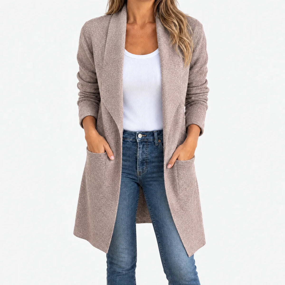 Women's long grey open-front cardigan with shawl collar and side pockets