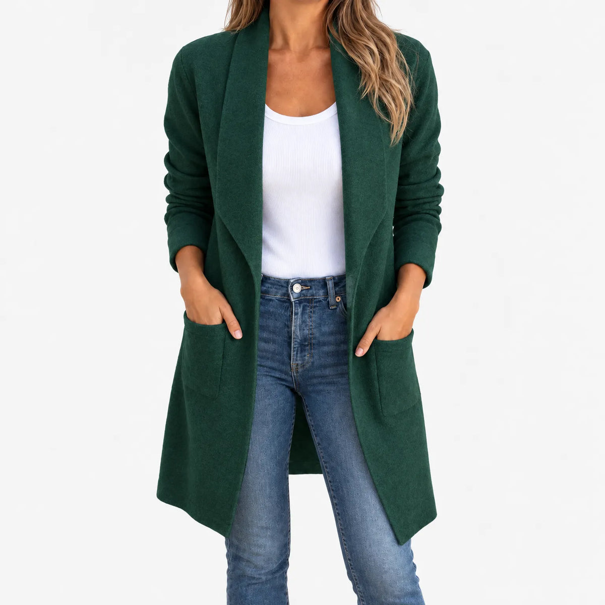 Women's long grey open-front cardigan with shawl collar and side pockets