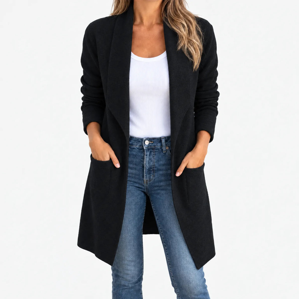 Women's long grey open-front cardigan with shawl collar and side pockets
