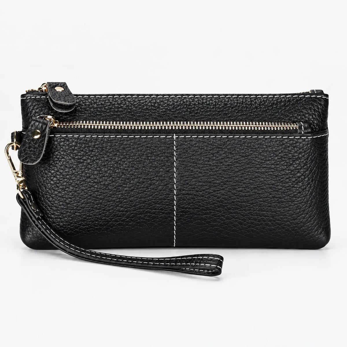 Textured women's zip purse with wrist strap and contrast stitching