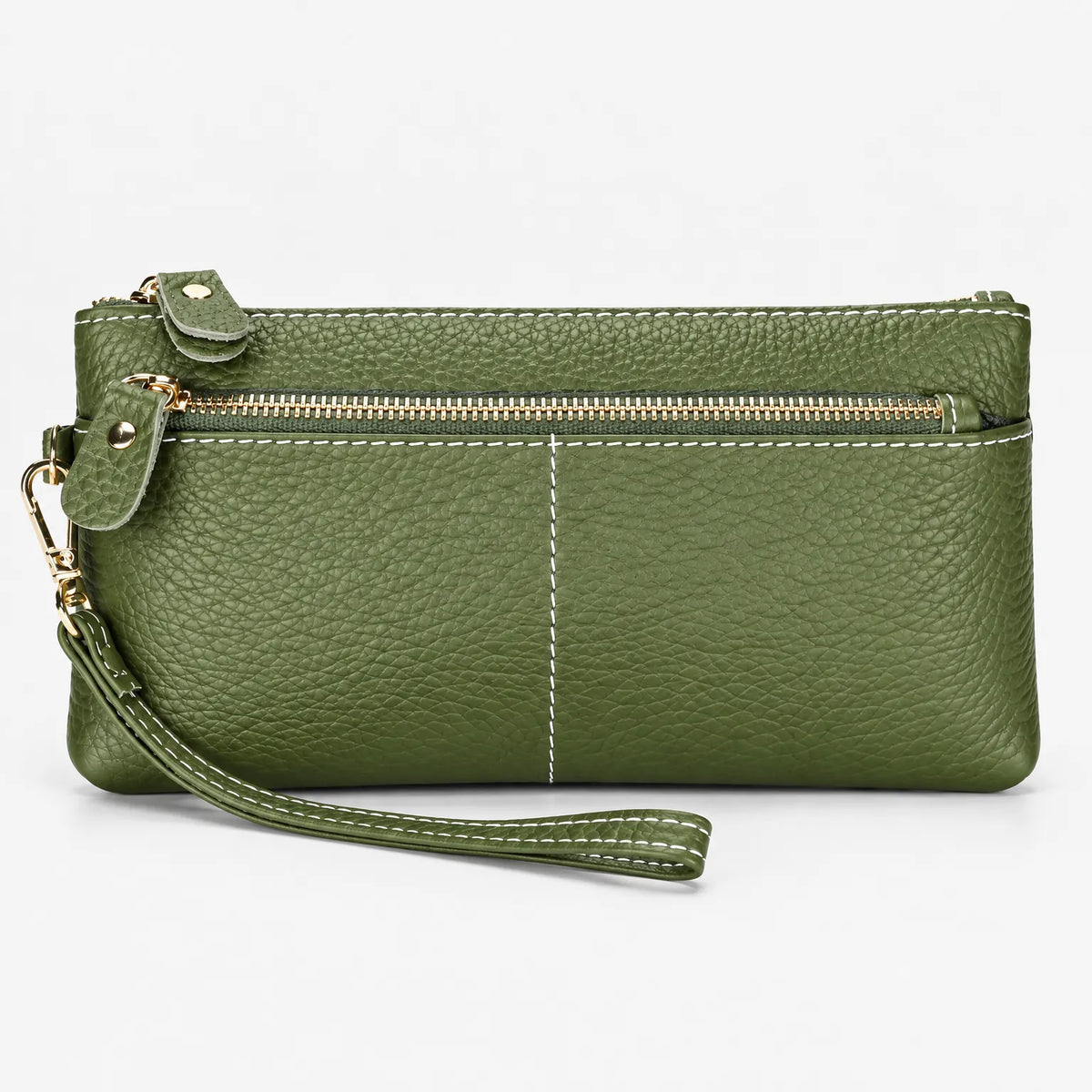 Textured women's zip purse with wrist strap and contrast stitching
